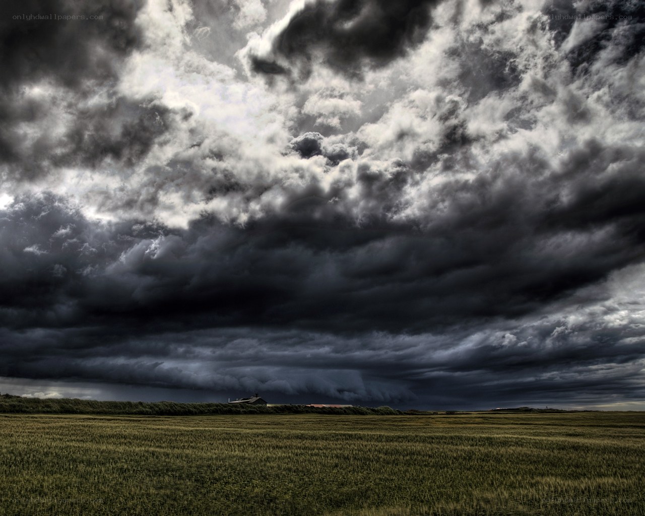 Dark storm clouds over a field