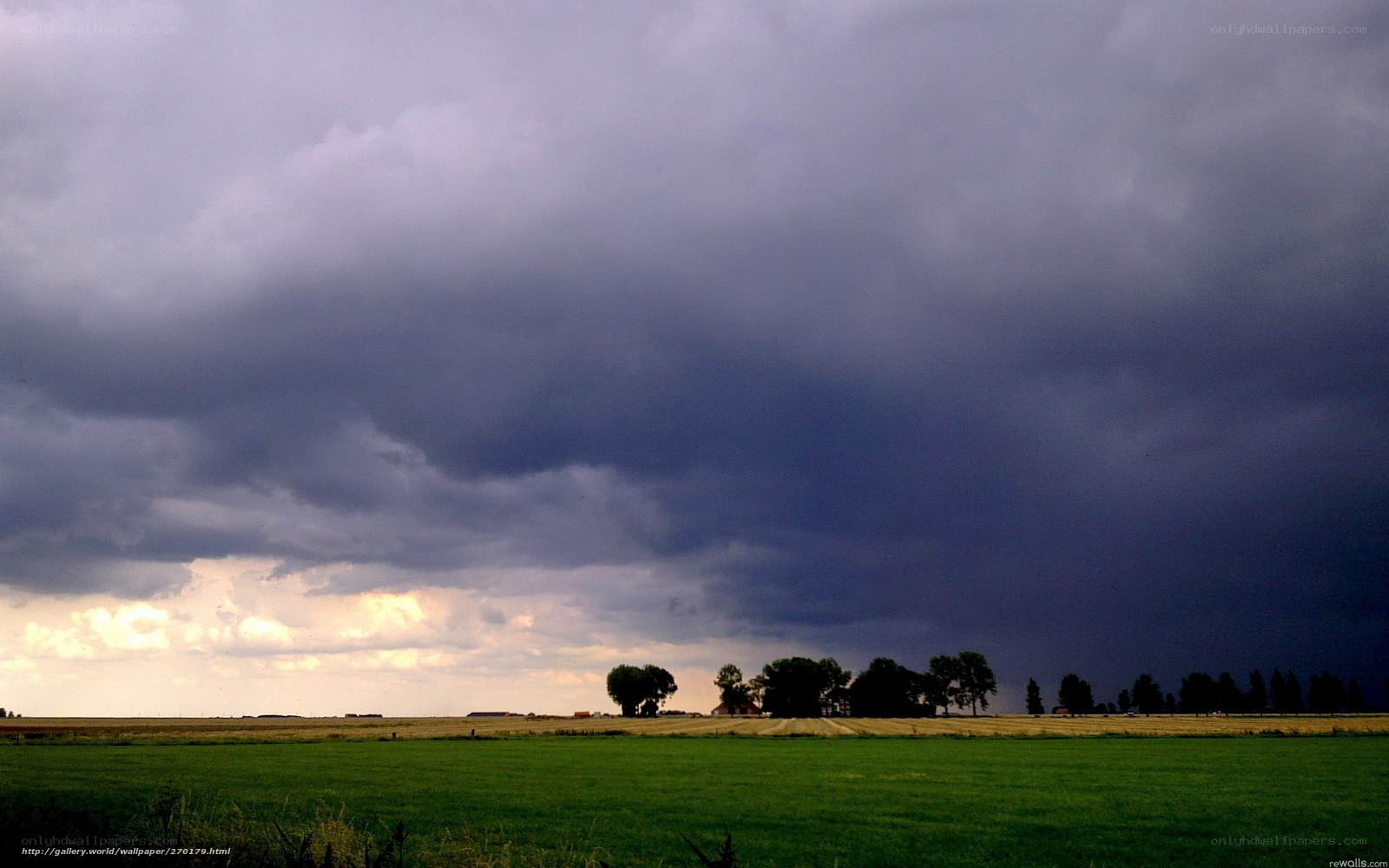 Dark storm clouds over farmland