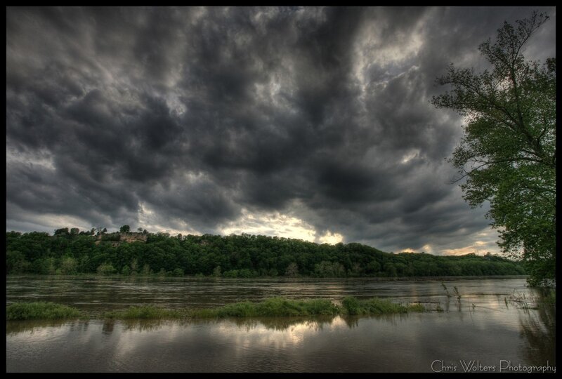 Dark Storm Clouds over River — Gray