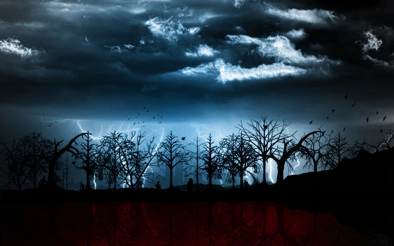 Dark storm over a swamp