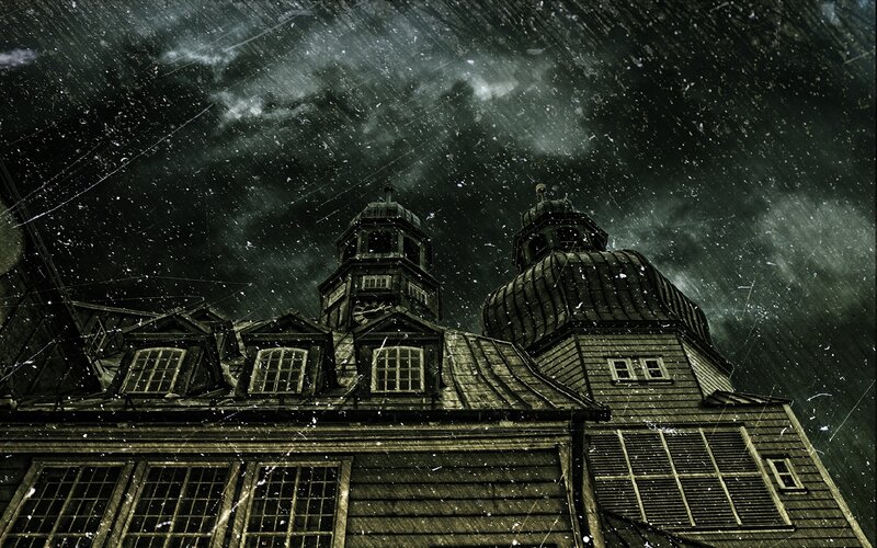 dark storm over old building