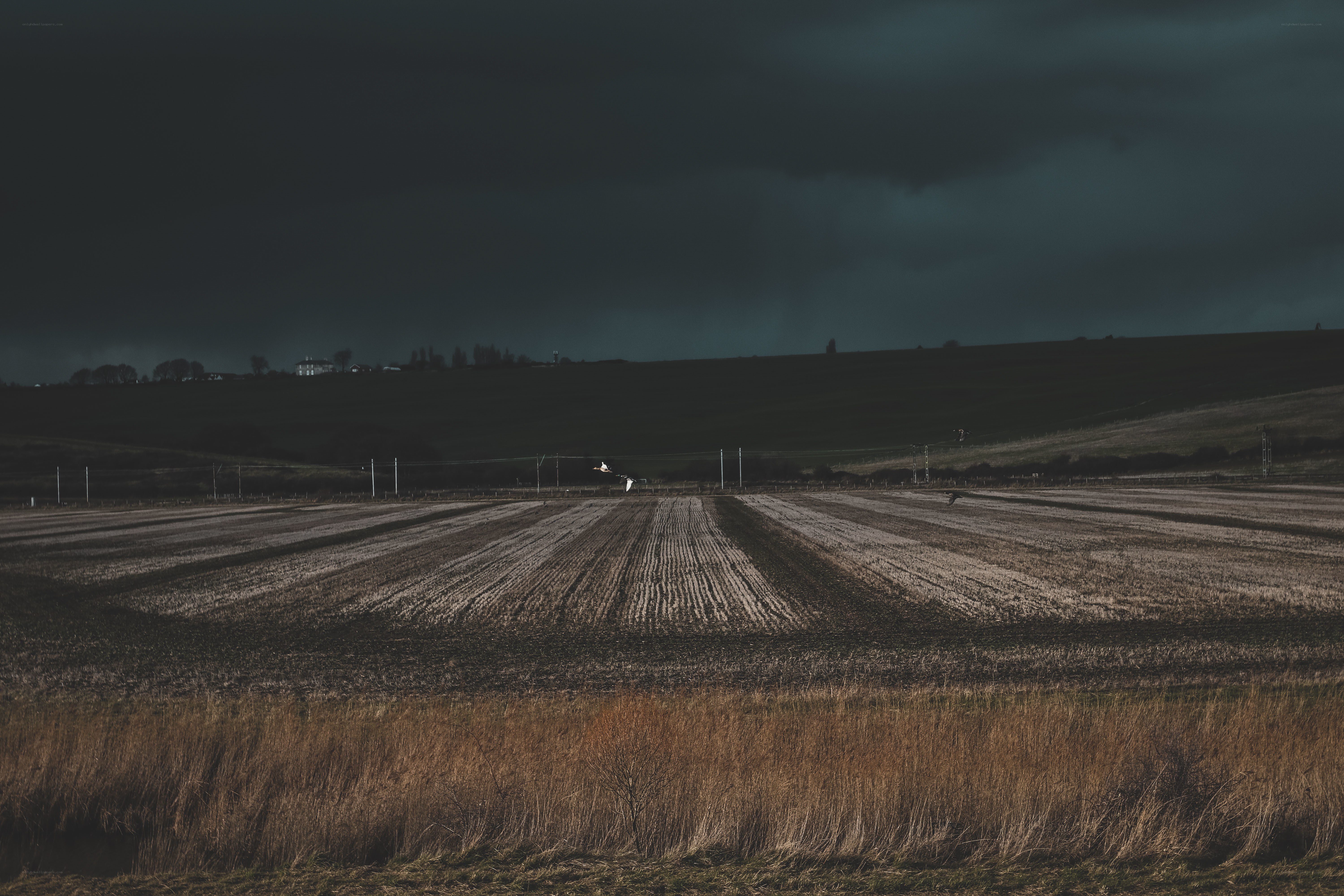 Dark storm over plowed fields