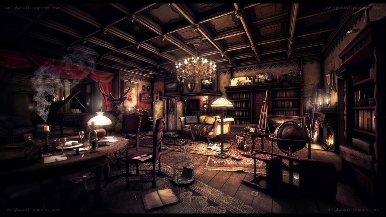 dark study with chandelier