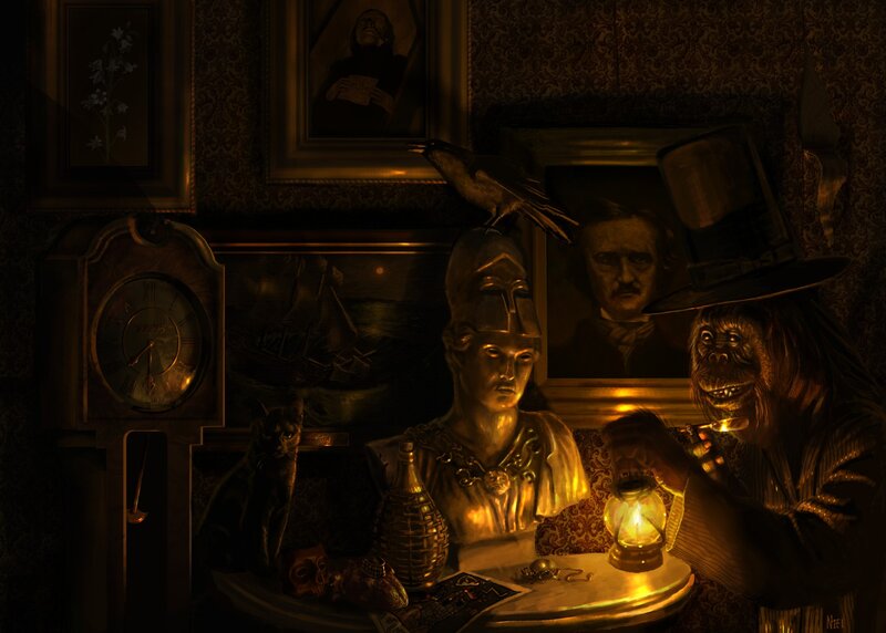 Dark study with monkey and artifacts