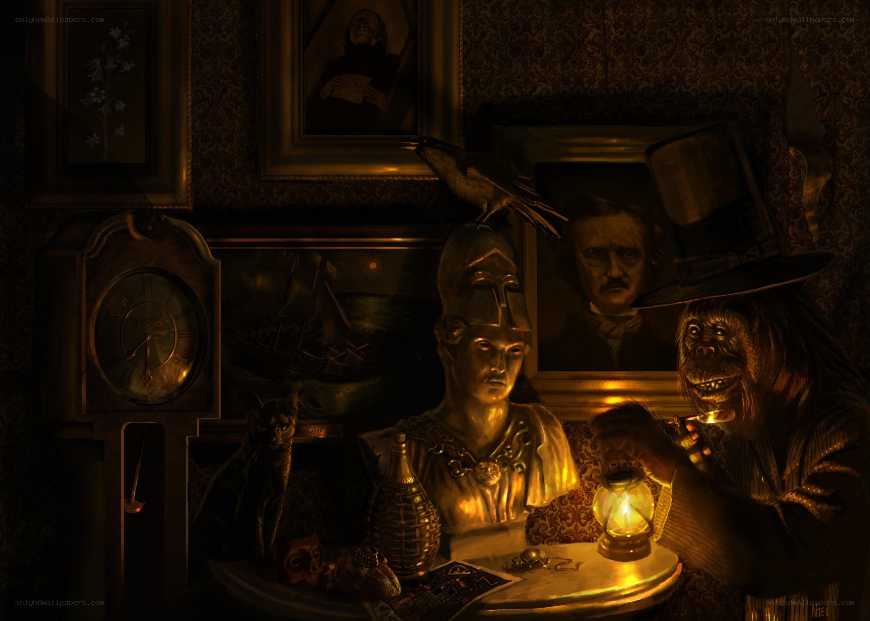 Dark study with monkey and artifacts