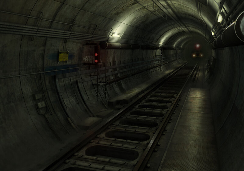 dark subway tunnel with train