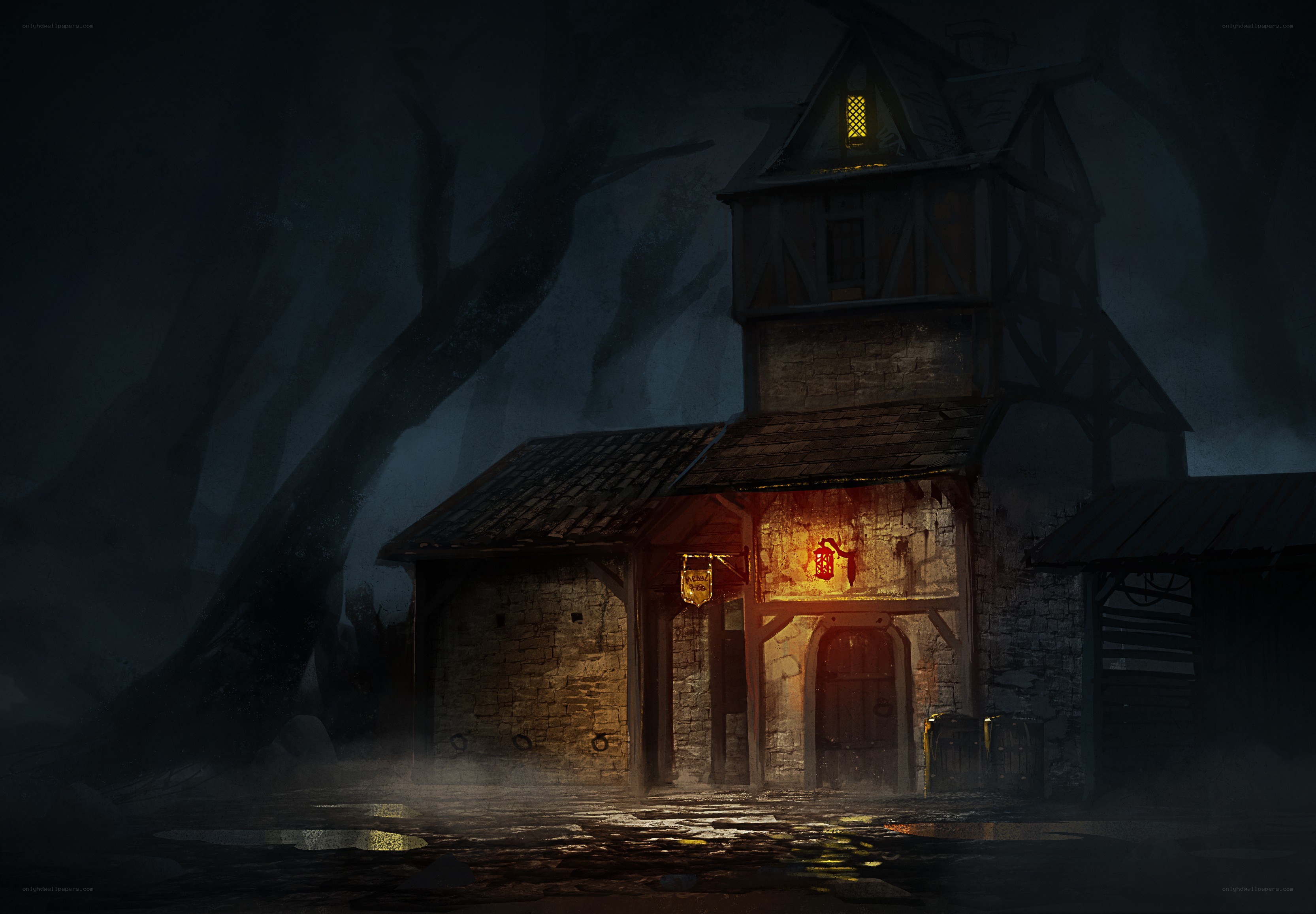 Dark tavern in a misty forest