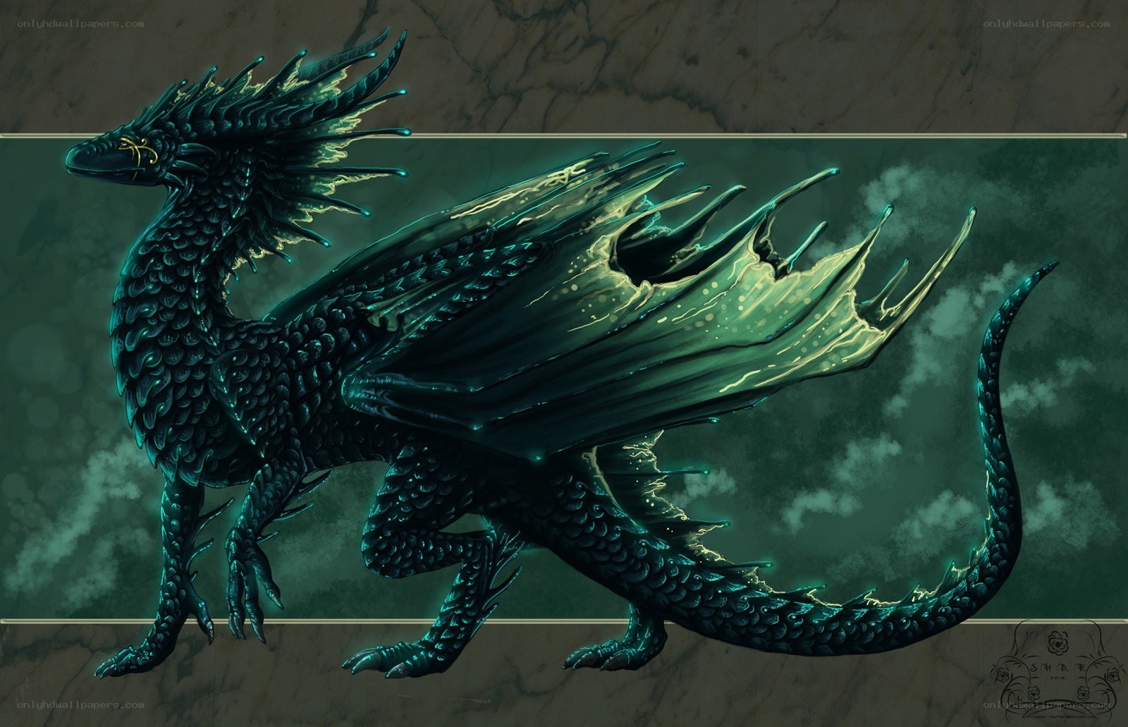dark teal dragon with glowing wings