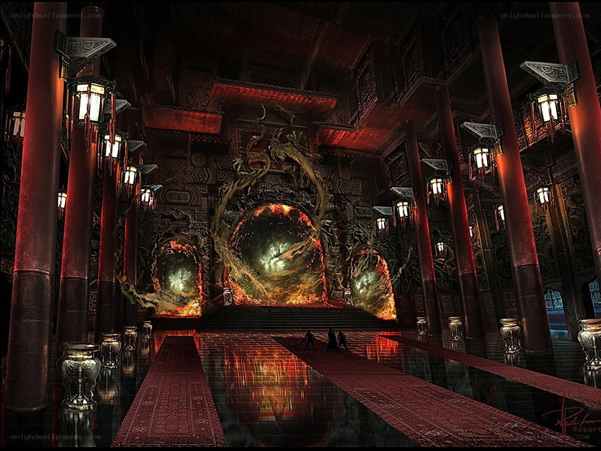 dark temple with magical portals