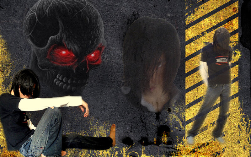 Dark theme with skull and person