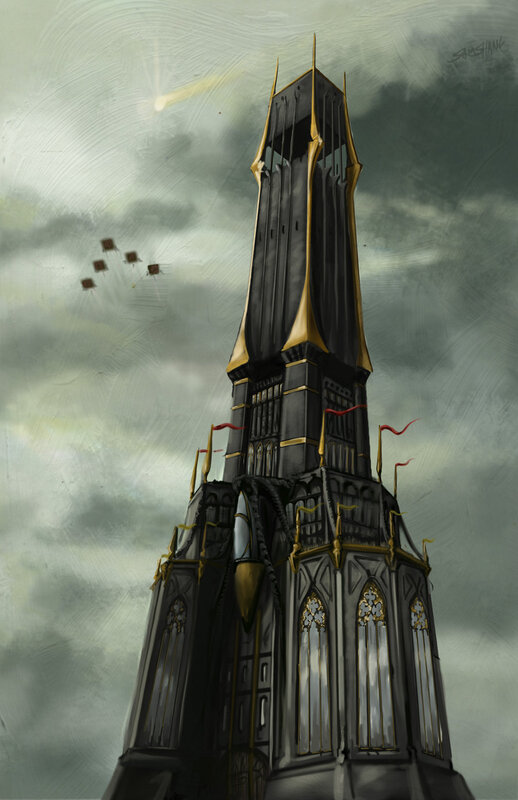 Dark tower under stormy sky