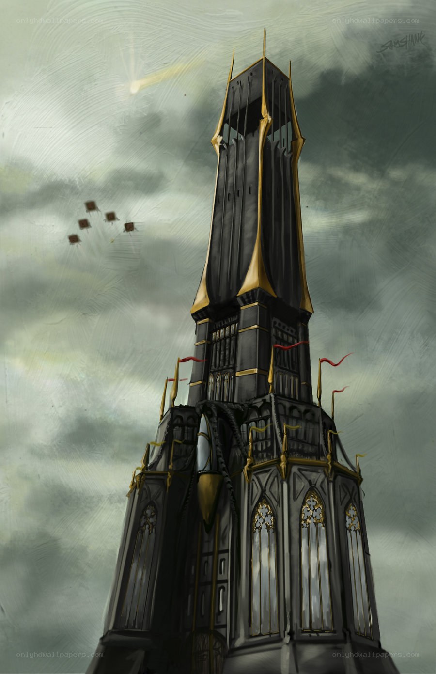 Dark tower under stormy sky