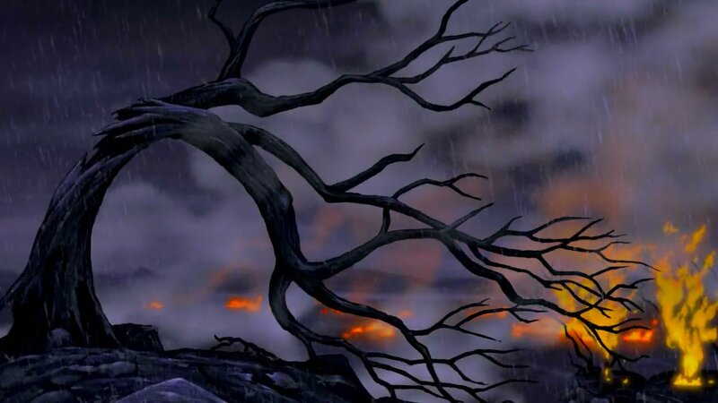 dark tree in stormy landscape
