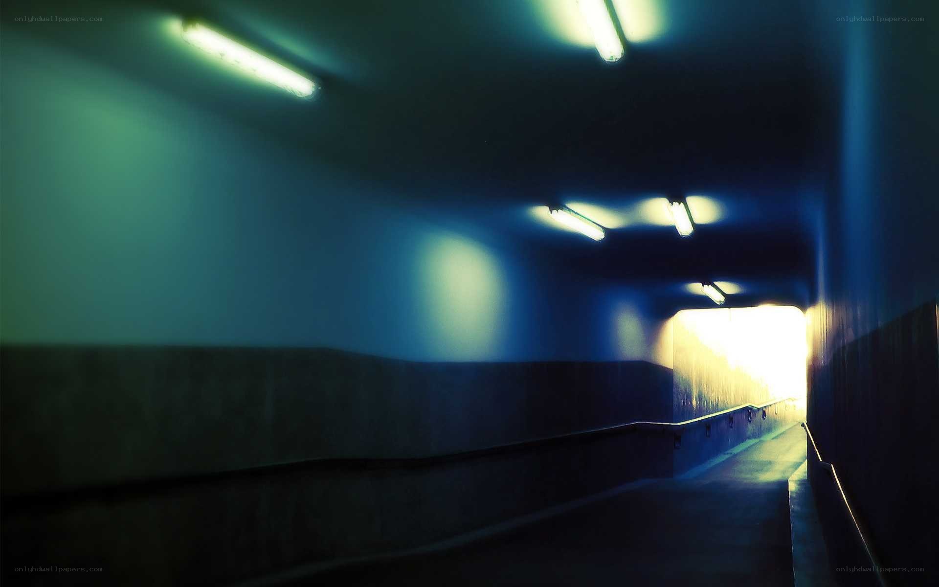 dark tunnel with fluorescent lights