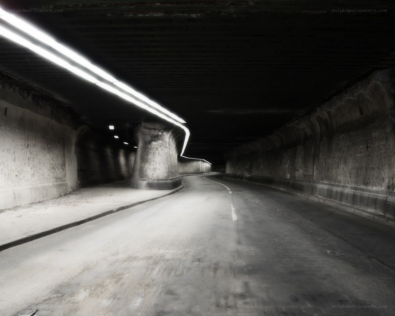 dark tunnel with fluorescent lights