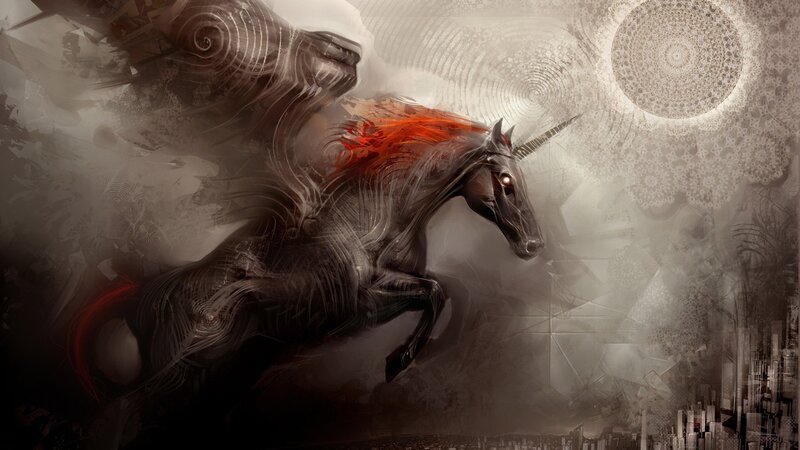 Dark unicorn in a surreal landscape