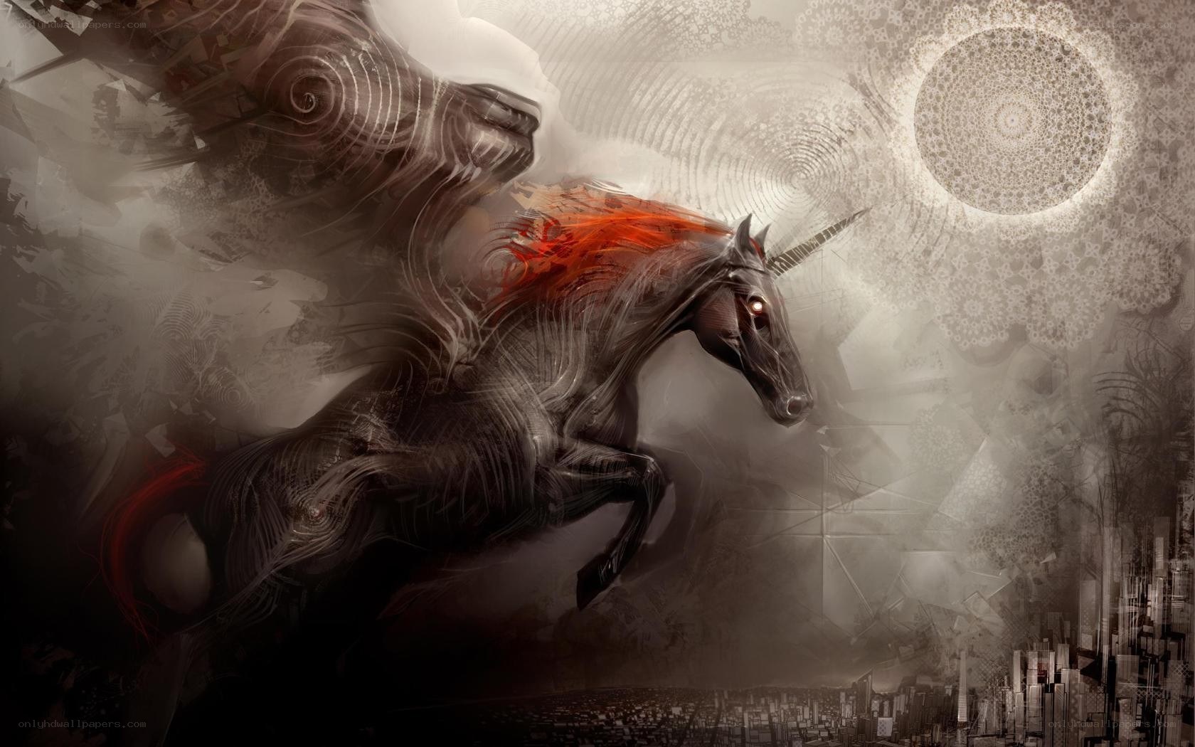 Dark unicorn in a surreal landscape