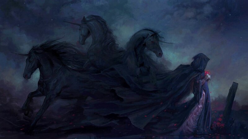 Dark unicorns with cloaked figure