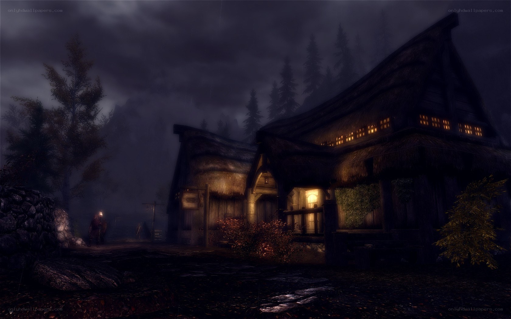Dark village at night