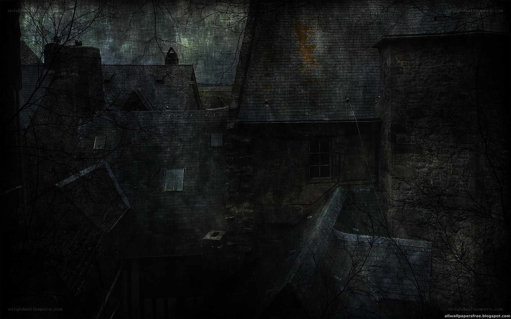 Dark village at night