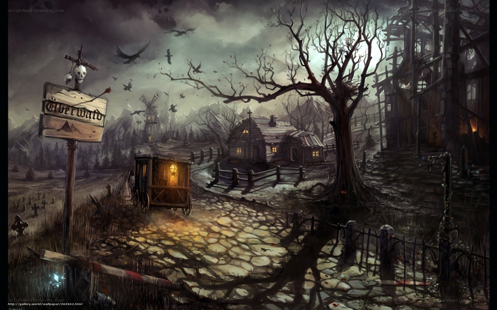 Dark village at night