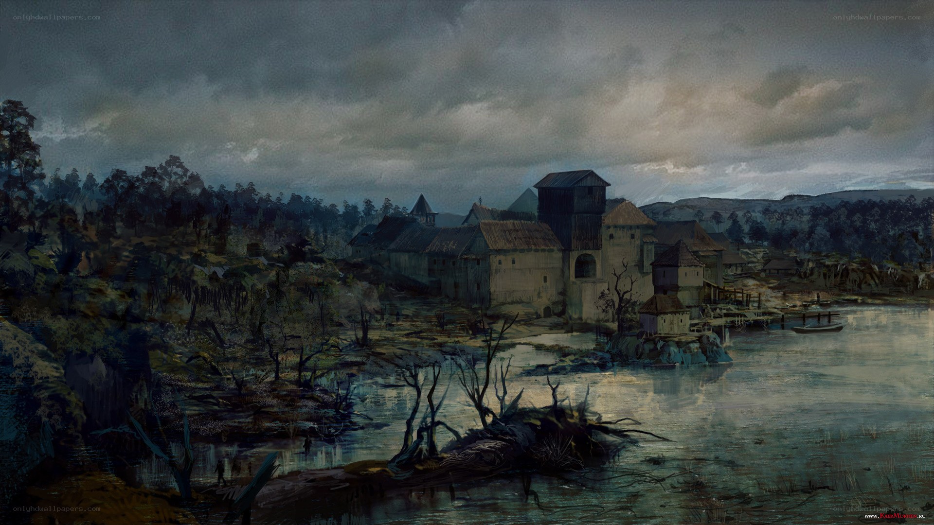 Dark village by the river