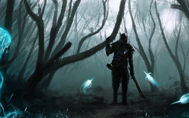 Dark warrior in a misty forest