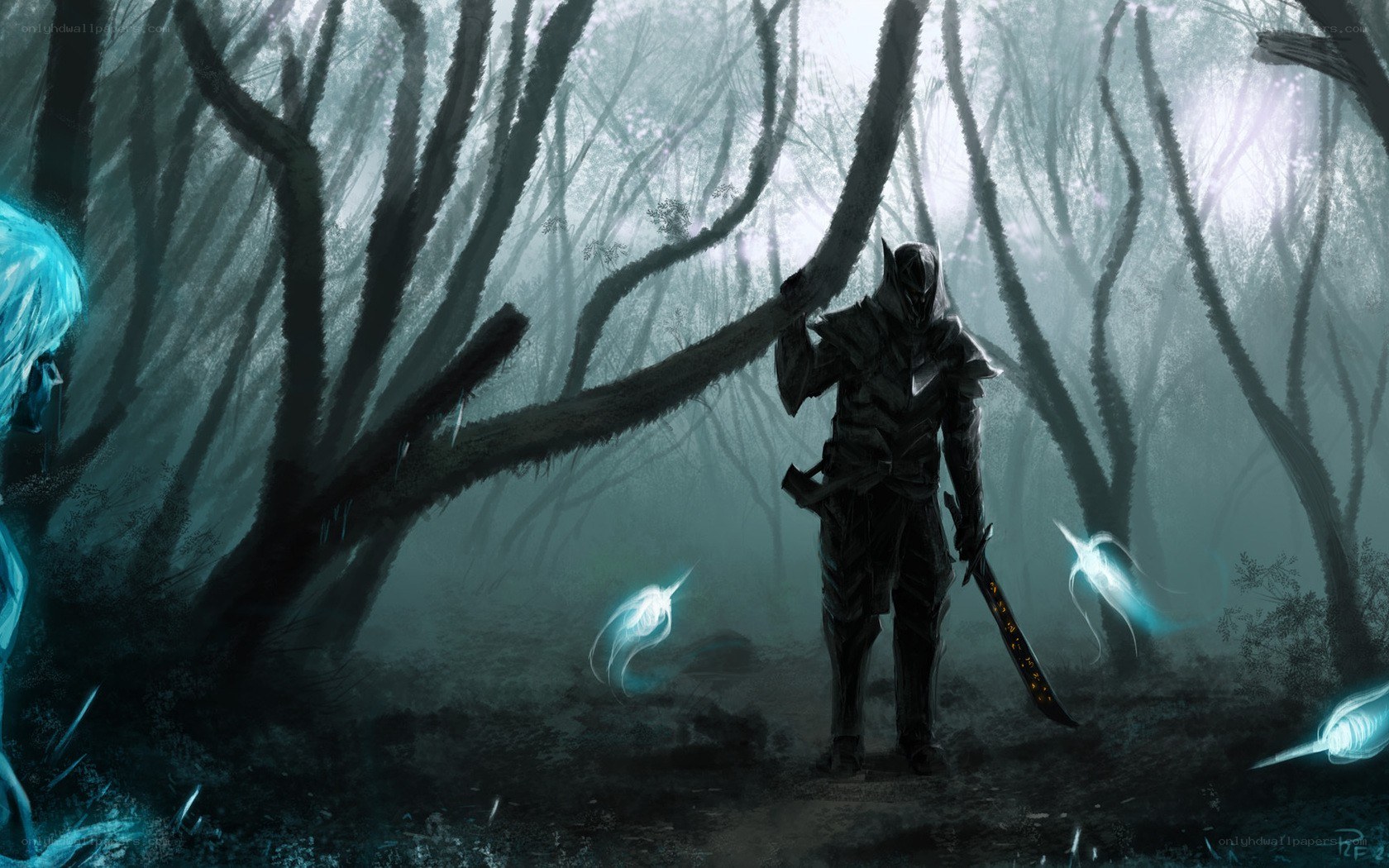 Dark warrior in a misty forest
