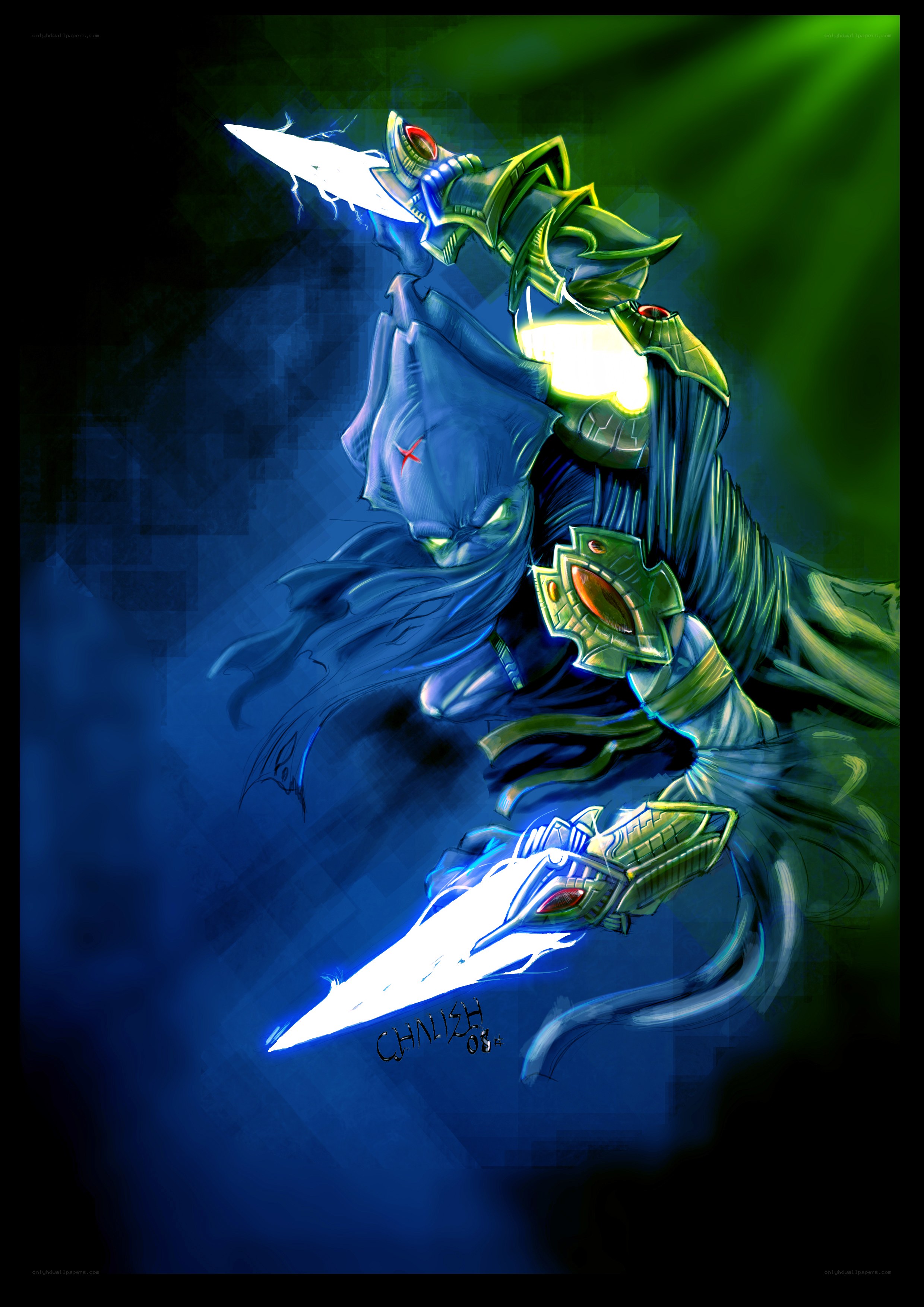 Dark warrior with glowing blades