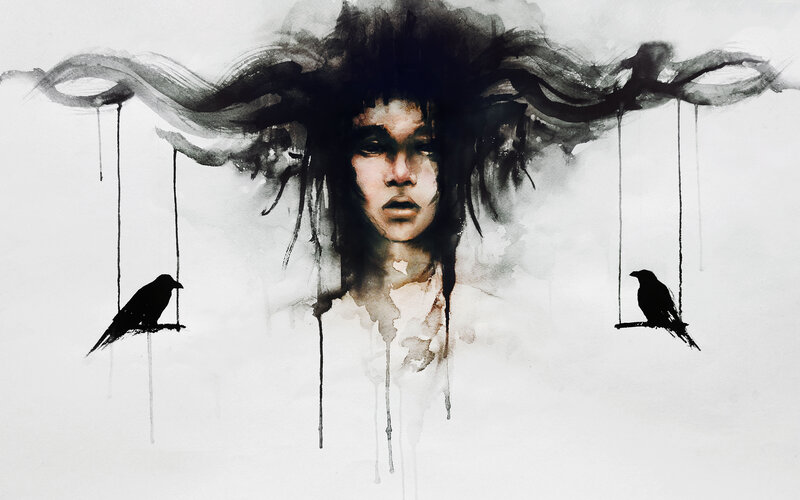 dark watercolor portrait with crows