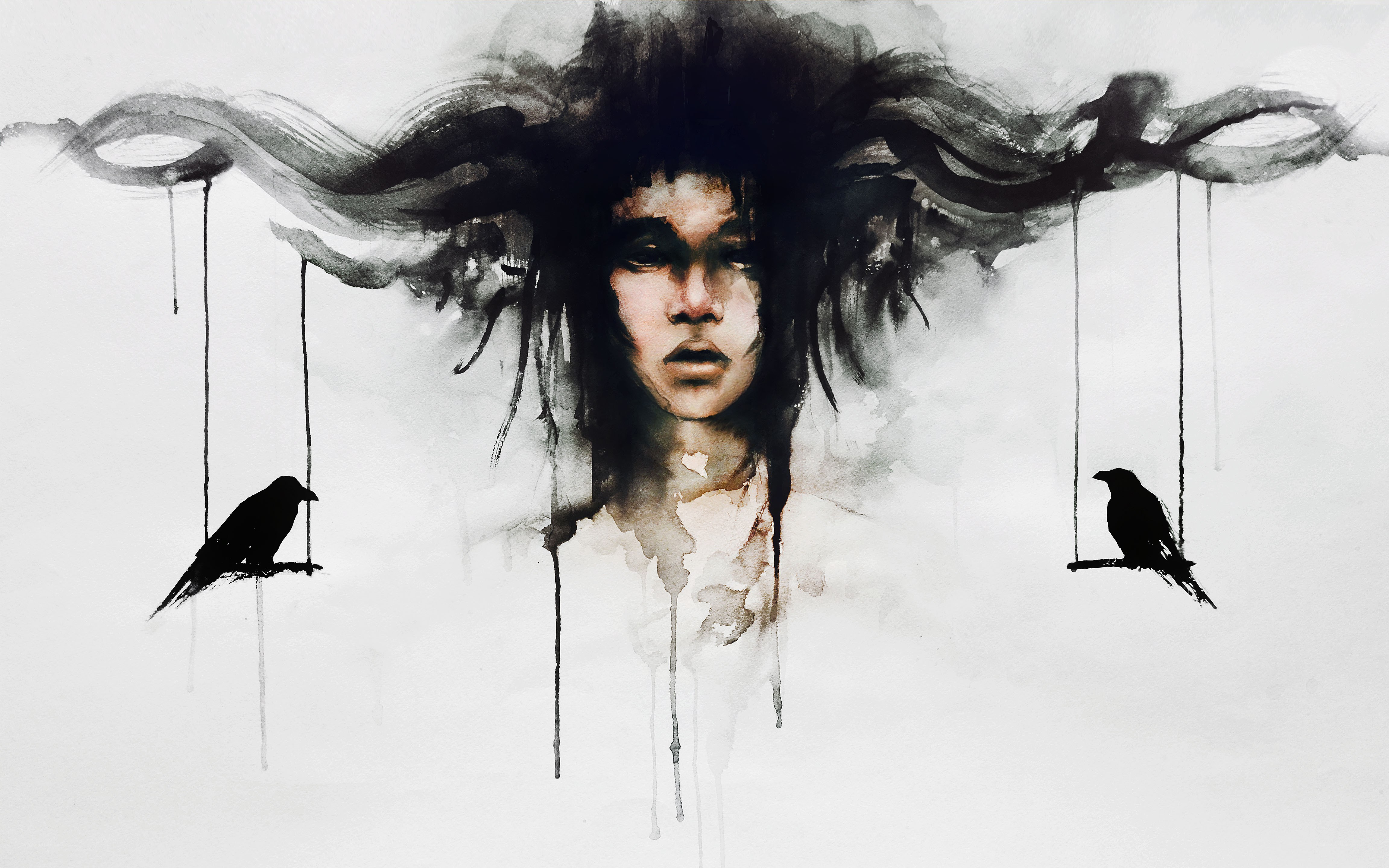 dark watercolor portrait with crows