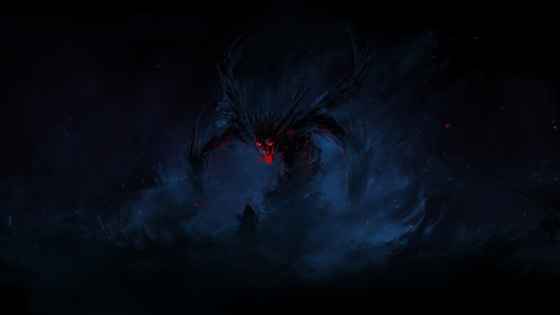 Dark Winged Creature — Black, Dramatic, Night, Digital Art, Monster