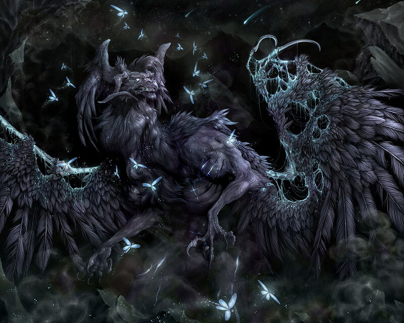 Dark Winged Creature — Black, Dramatic, Night, Digital Art, Wings