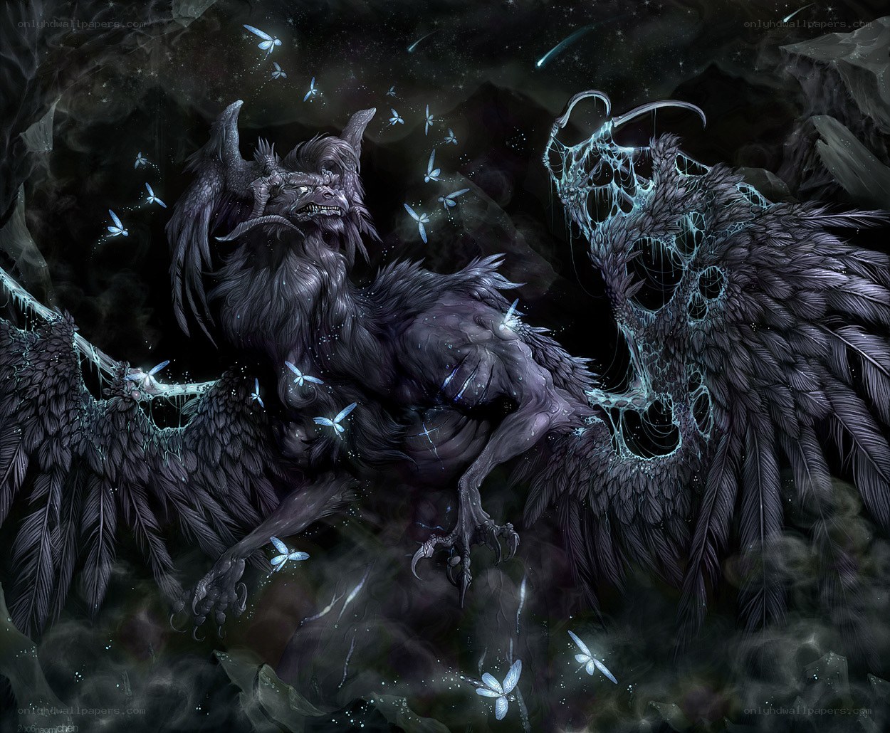 Dark winged creature in a mystical realm