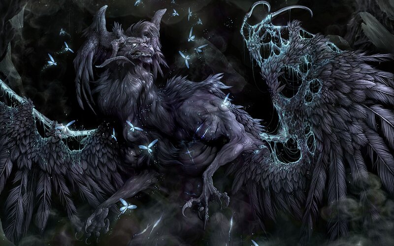 Dark winged creature in battle