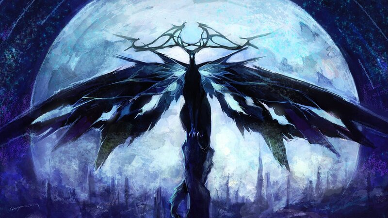 Dark winged creature under moon