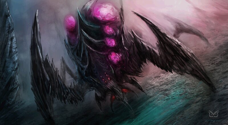 dark winged creature with glowing orbs