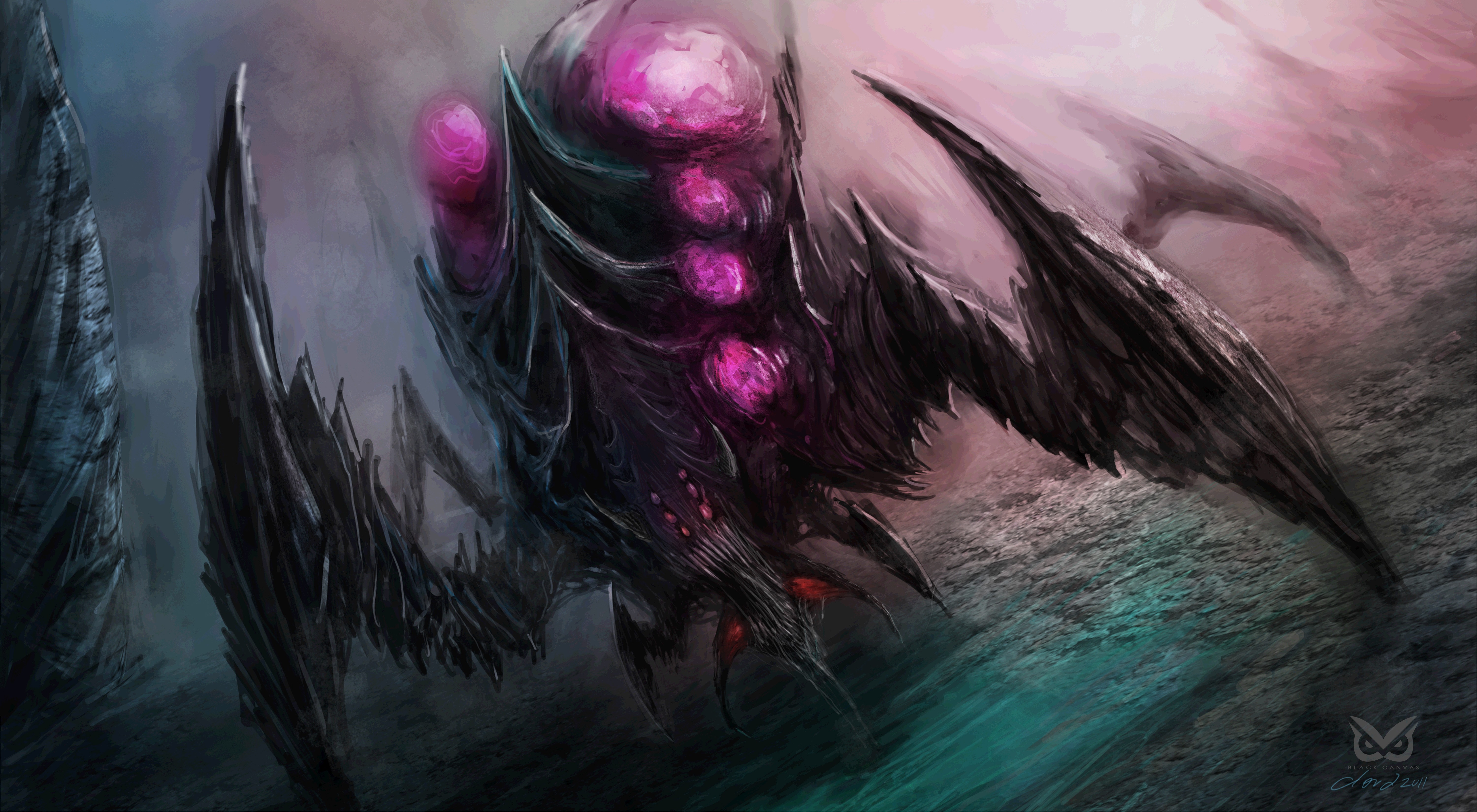 dark winged creature with glowing orbs