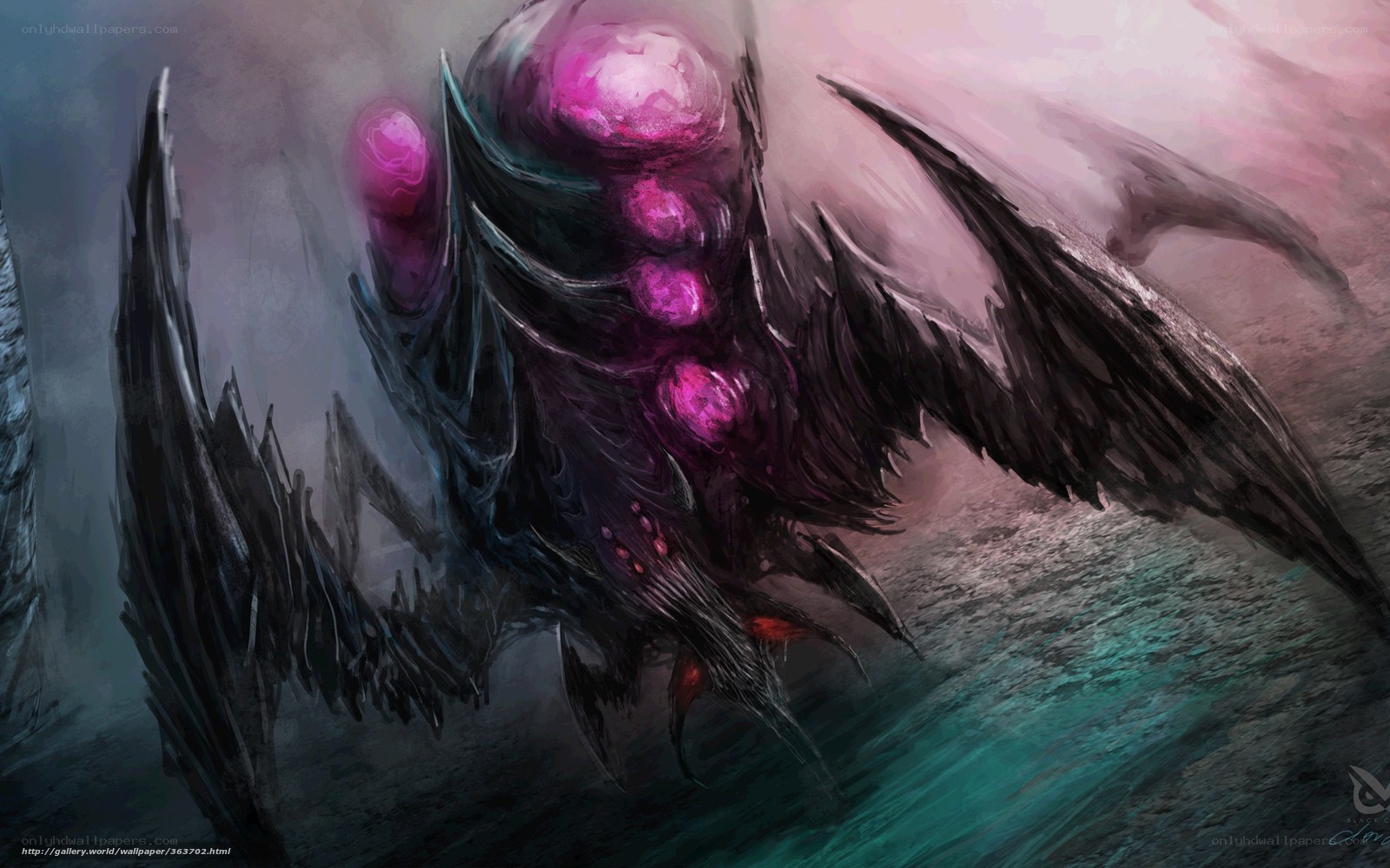 Dark winged creature with glowing orbs