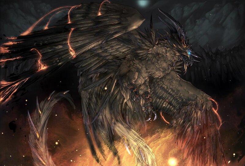 Dark winged dragon in fire