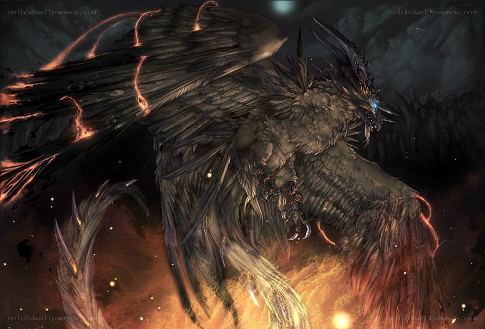 Dark winged dragon in fire