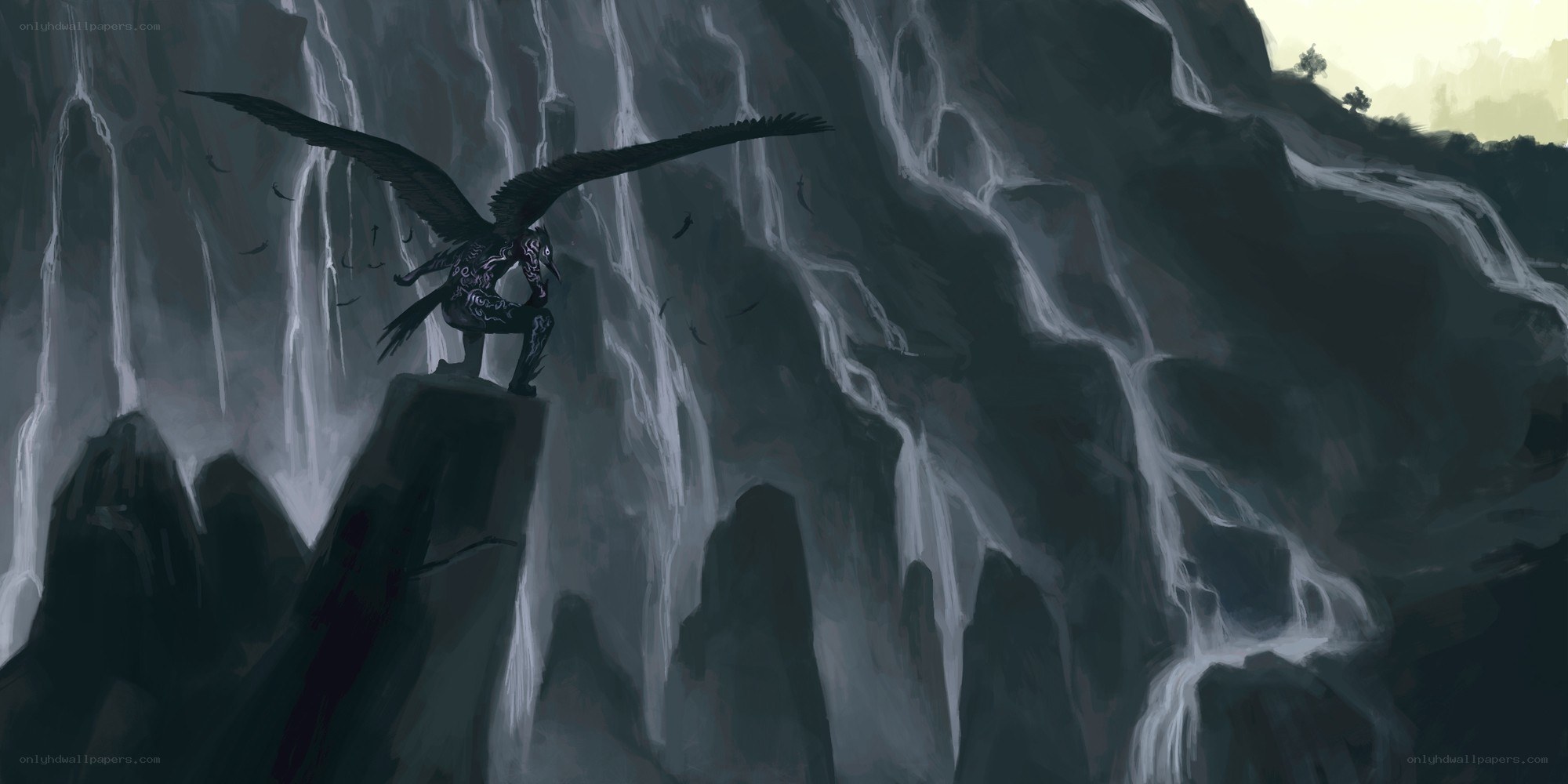 Dark winged figure on cliff