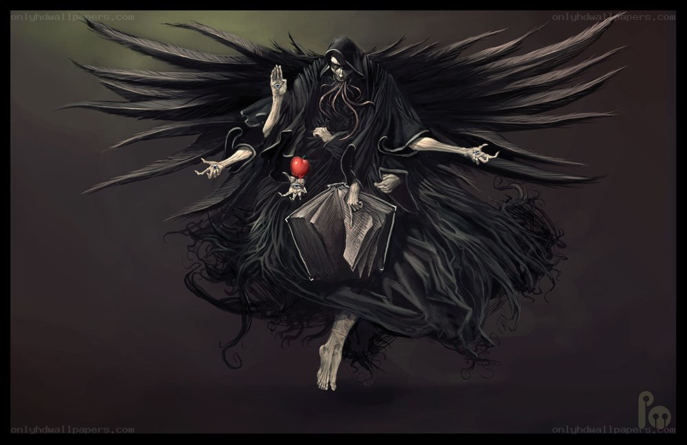 Dark winged figure with book