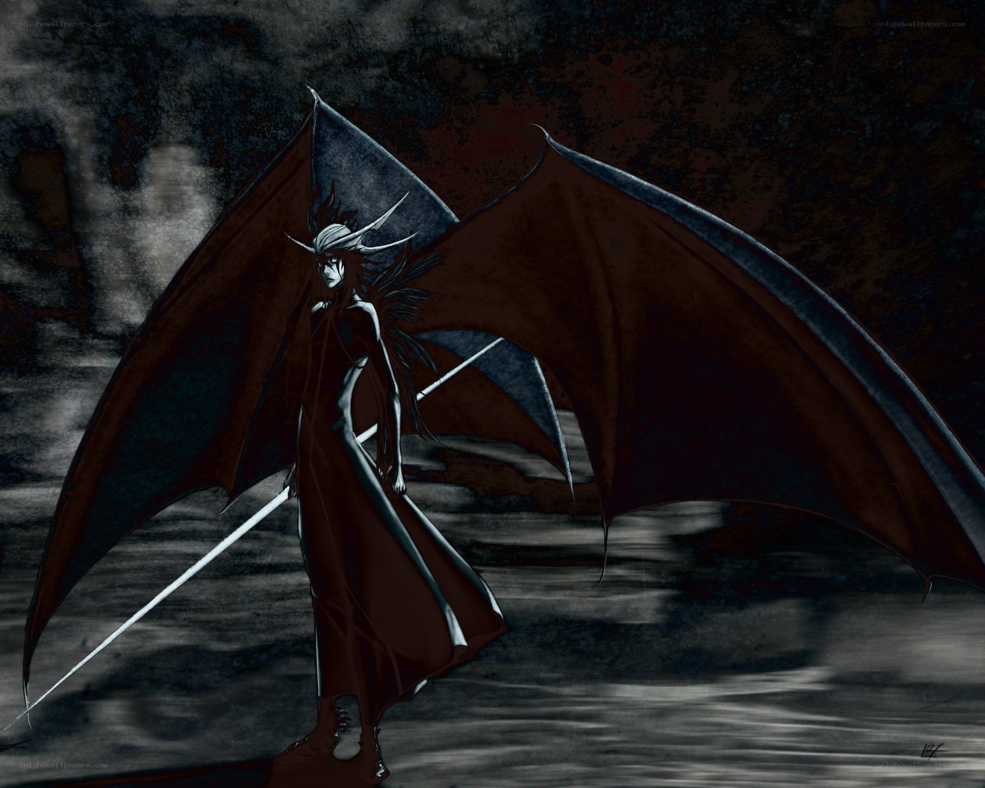 Dark winged figure with sword