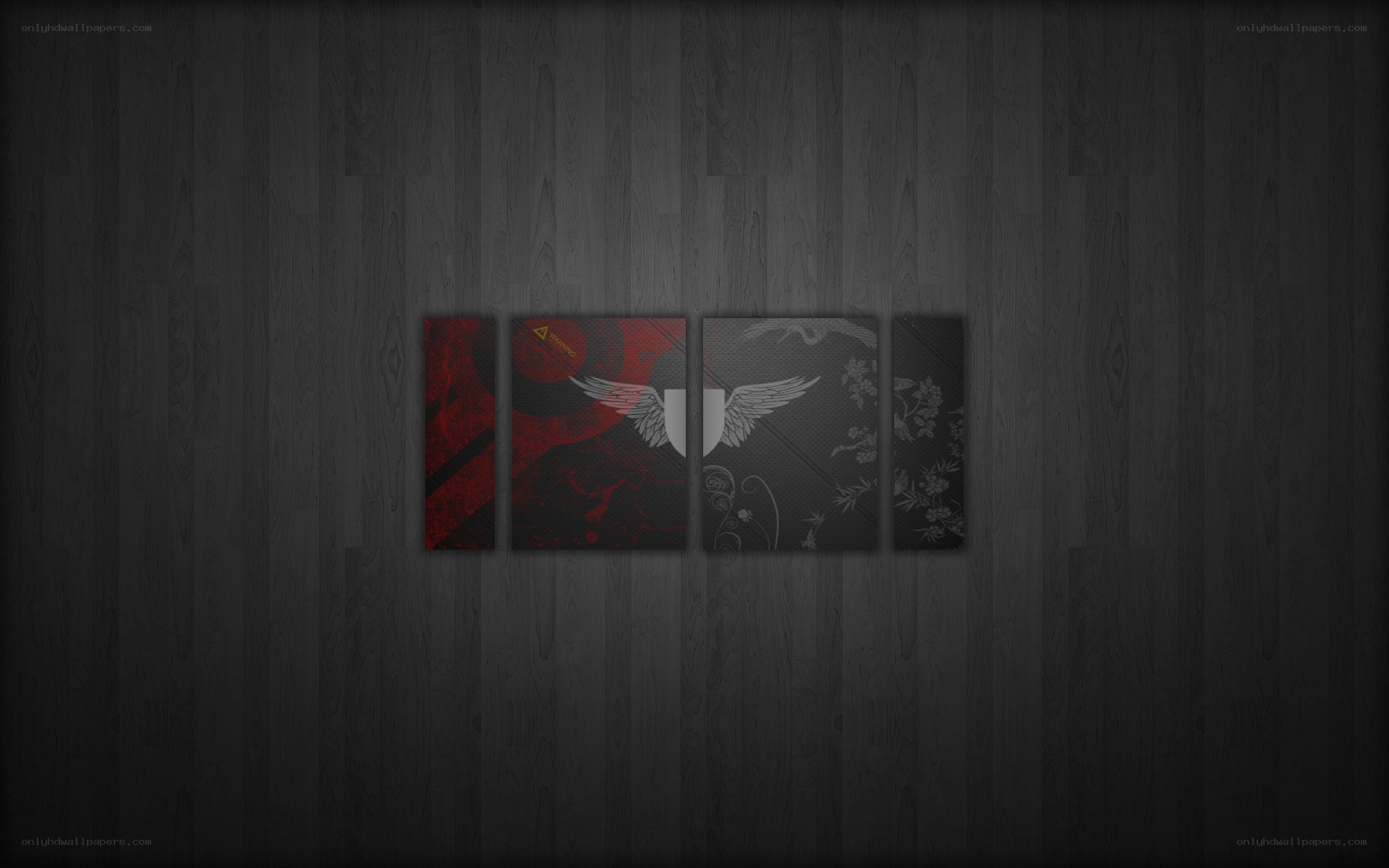 dark wood wall with red art panels