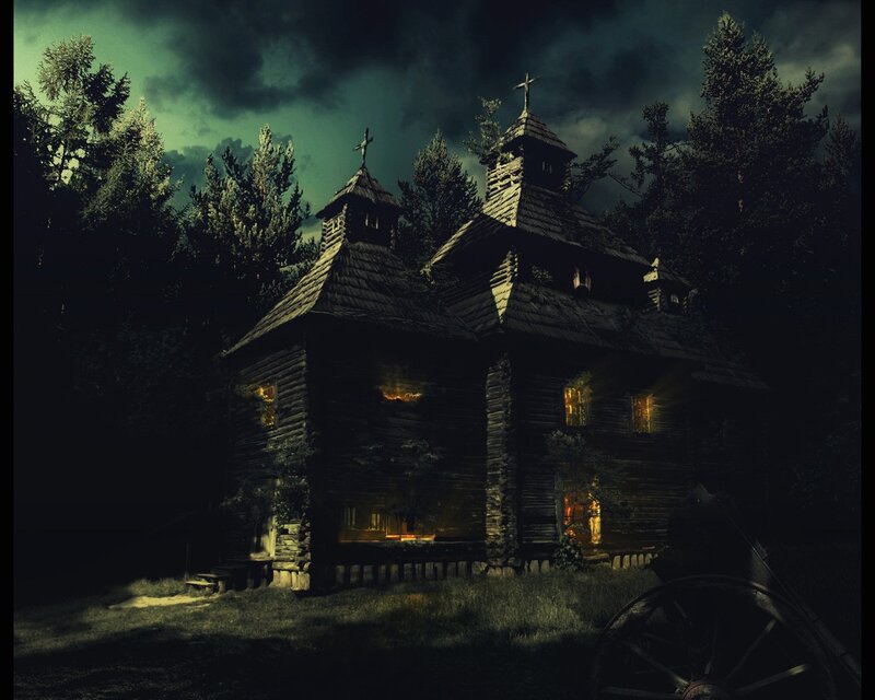 Dark wooden church at night