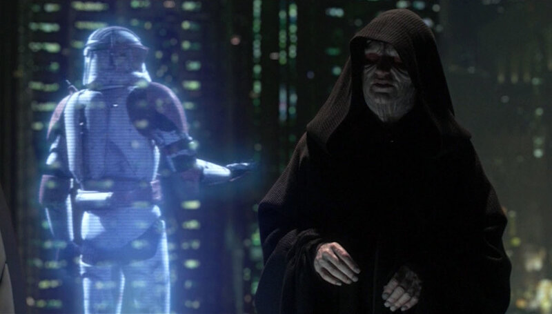 Darth Sidious and a clone trooper