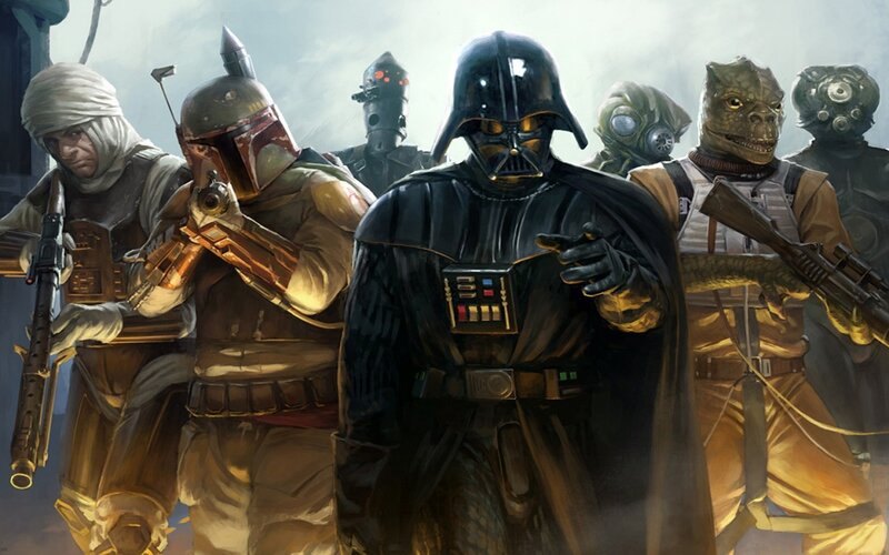 Darth Vader and Bounty Hunters — Black, Dramatic, Digital Art, Darth Vader, Boba Fett