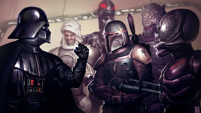 Darth Vader and Bounty Hunters — Black, Dramatic