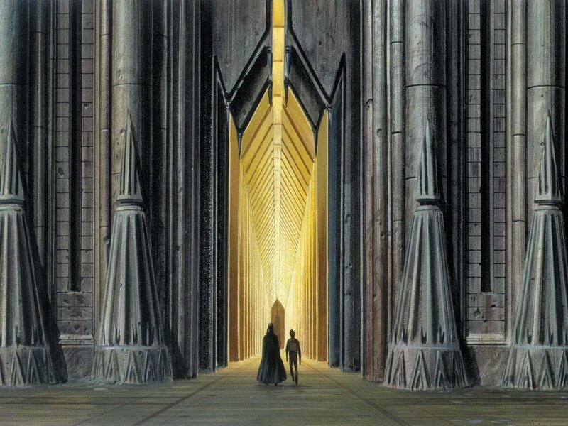 Darth Vader and Luke Skywalker walk through a hall